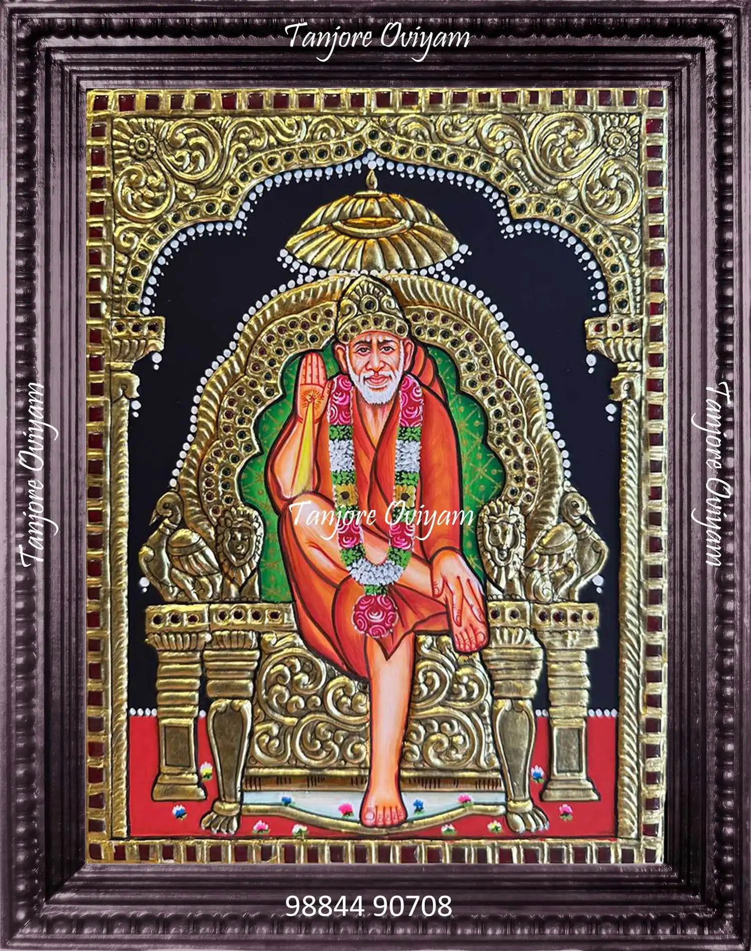 Saibaba Tanjore Painting featuring Sai Baba seated on a golden throne with blessing hand, handcrafted in traditional Thanjavur gold foil style